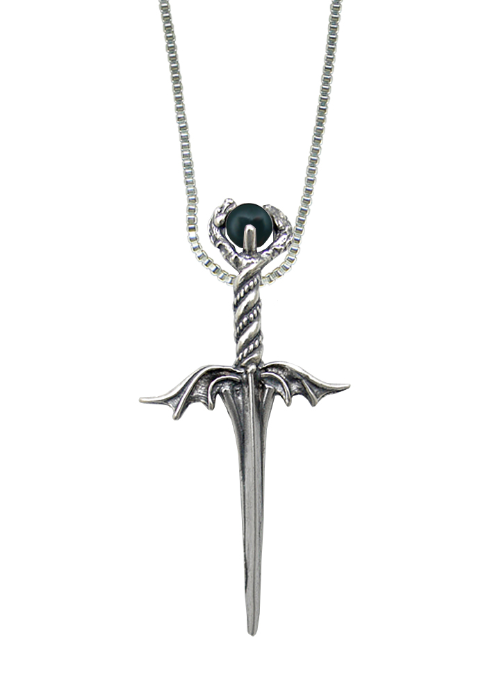 Sterling Silver Dragon's Desire Knife Dagger Pendant With Bloodstone